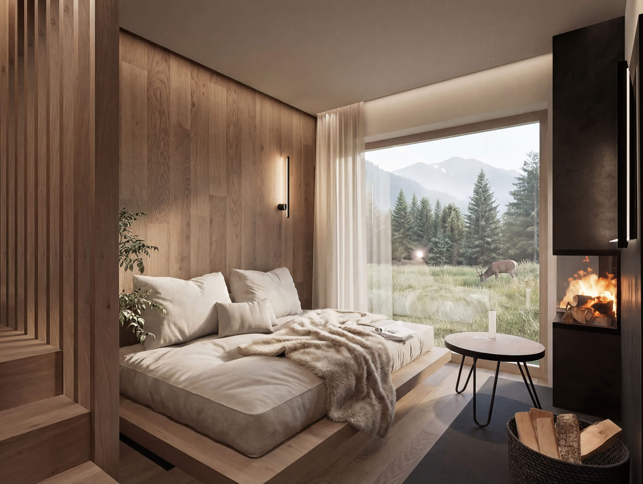 Camera da letto moderna e accogliente con pareti in legno, camino, grande finestra che mostra la foresta, le montagne e un cervo all'esterno. - AMIL chalets dolomites