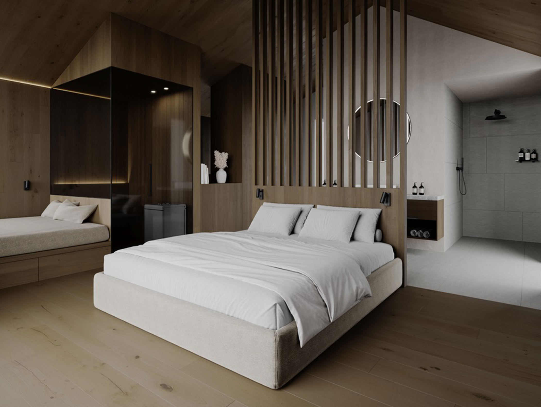 Modernes Schlafzimmer mit niedrigem Bett, Holzakzenten, Raumteiler und minimalistischem Bad im Hintergrund. - AMIL chalets dolomites