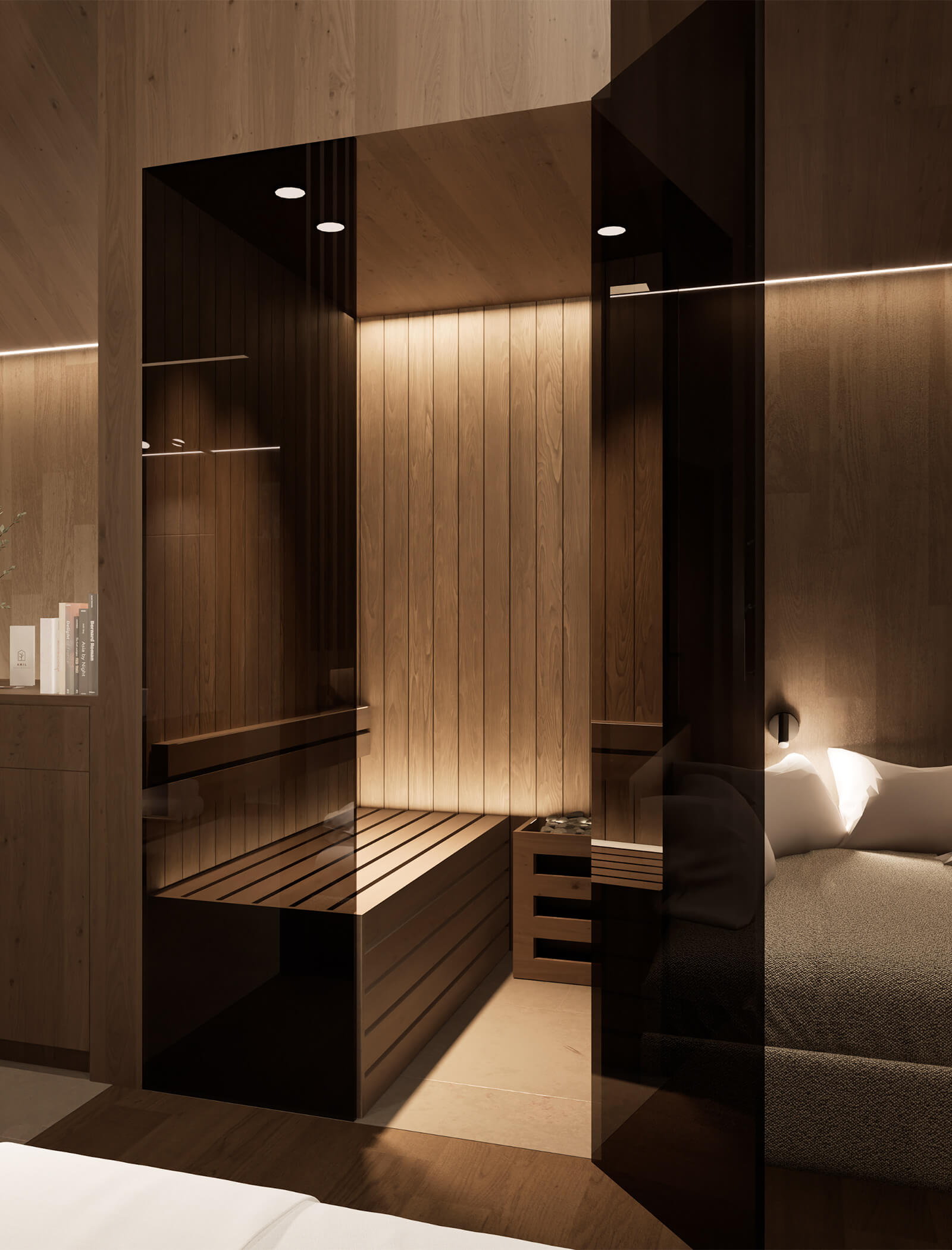 Moderna sauna rivestita in legno con porta in vetro accanto a un letto accogliente in una stanza minimalista dall'illuminazione soffusa. - AMIL chalets dolomites