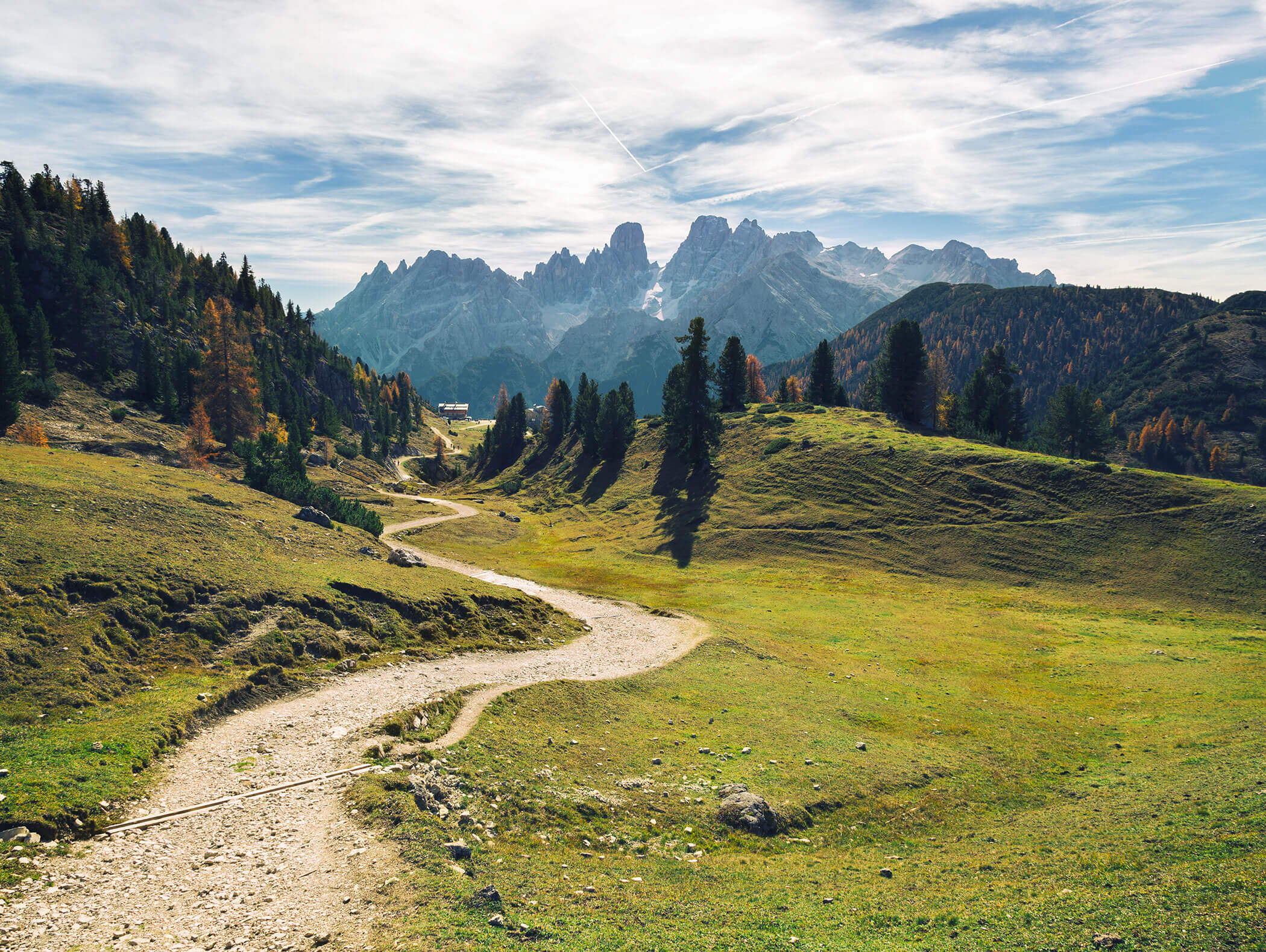Un sentiero tortuoso e sterrato che attraversa colline verdi con alberi e che conduce verso montagne lontane sotto un cielo azzurro. - AMIL chalets dolomites