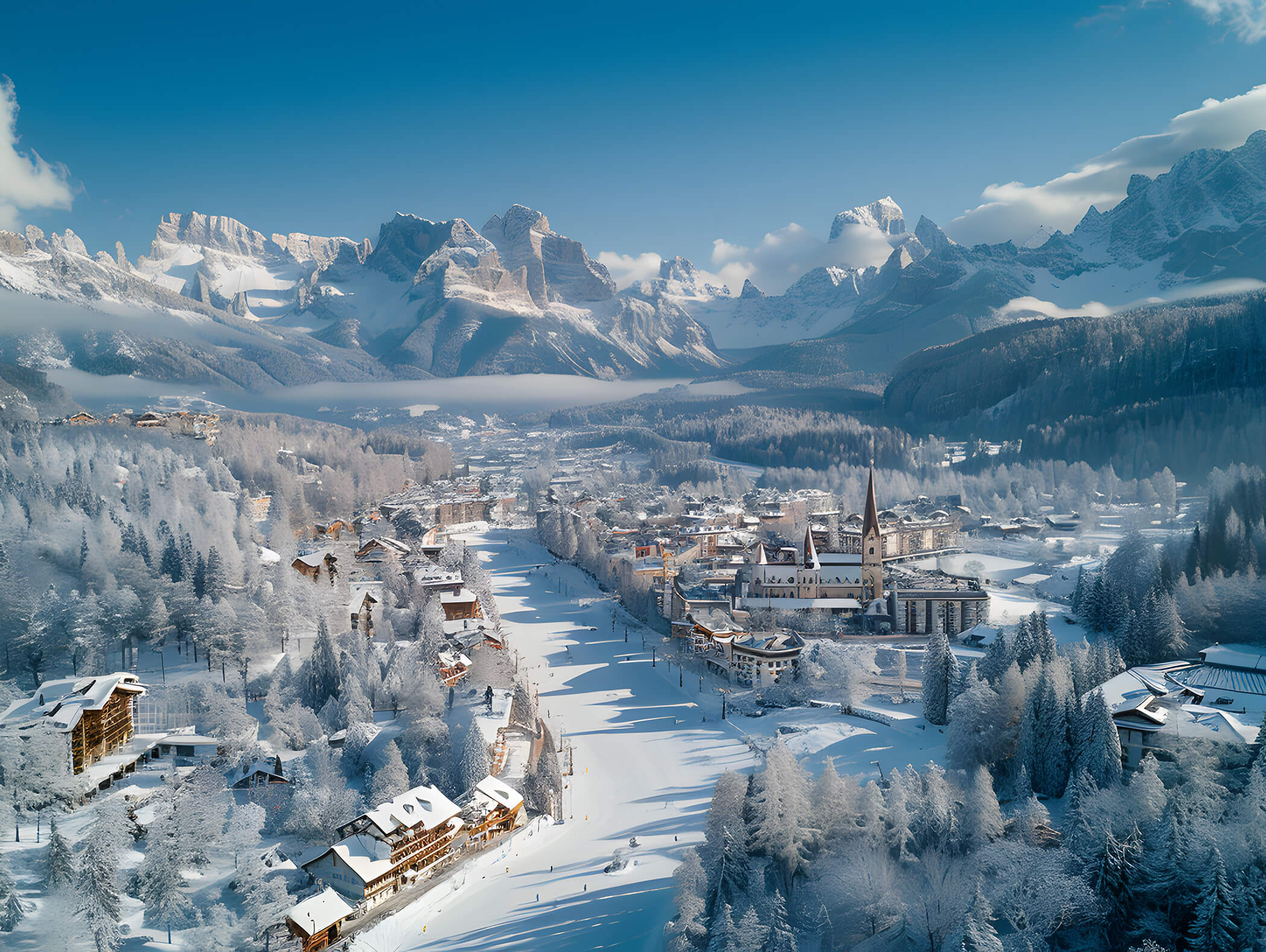 Eine verschneite Alpenstadt in einem Tal, umgeben von Bergen und immergrünen Bäumen unter einem klaren blauen Himmel. - AMIL chalets dolomites