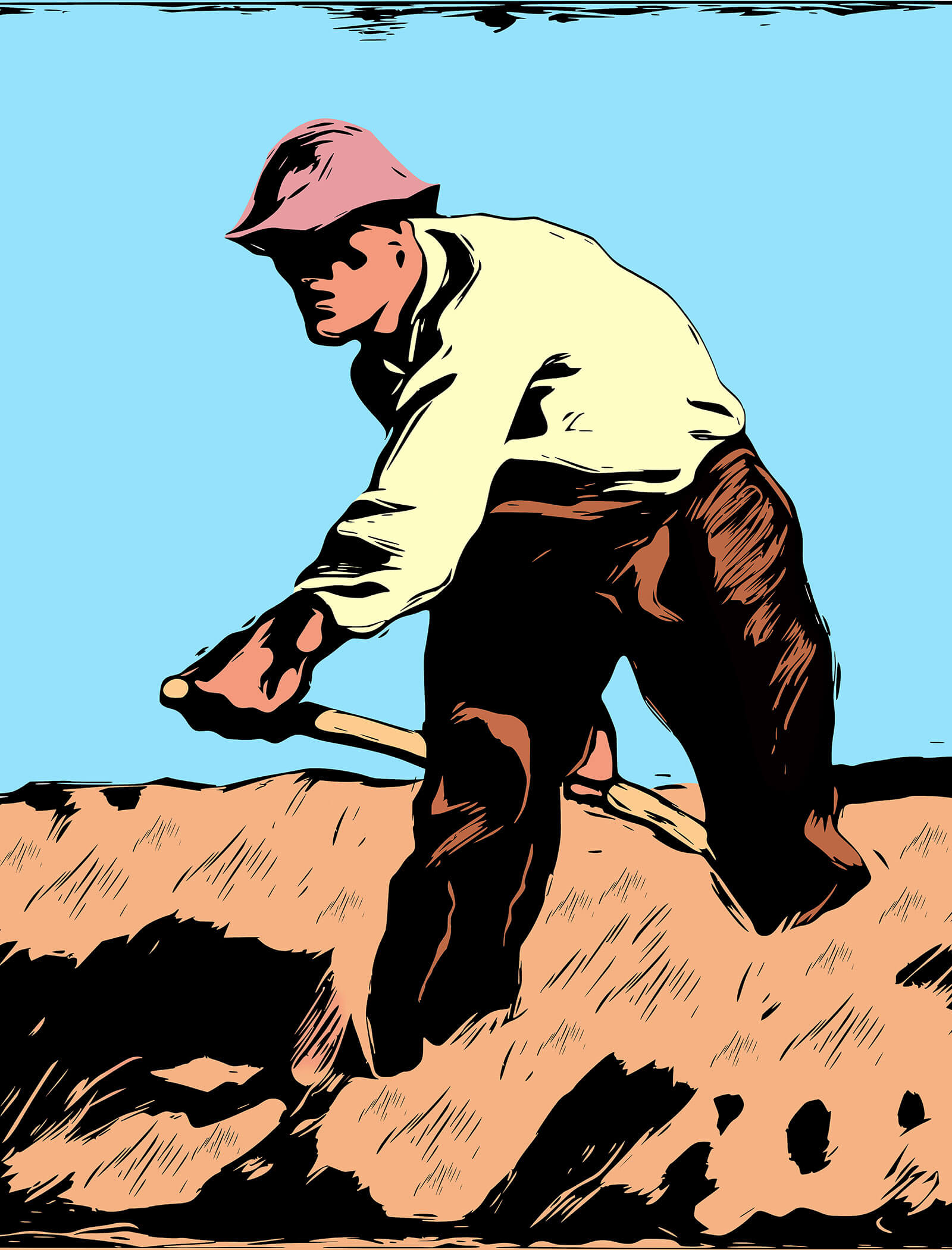 Illustrazione di un agricoltore che indossa un cappello e lavora in un campo con un attrezzo sotto un cielo azzurro. - AMIL chalets dolomites