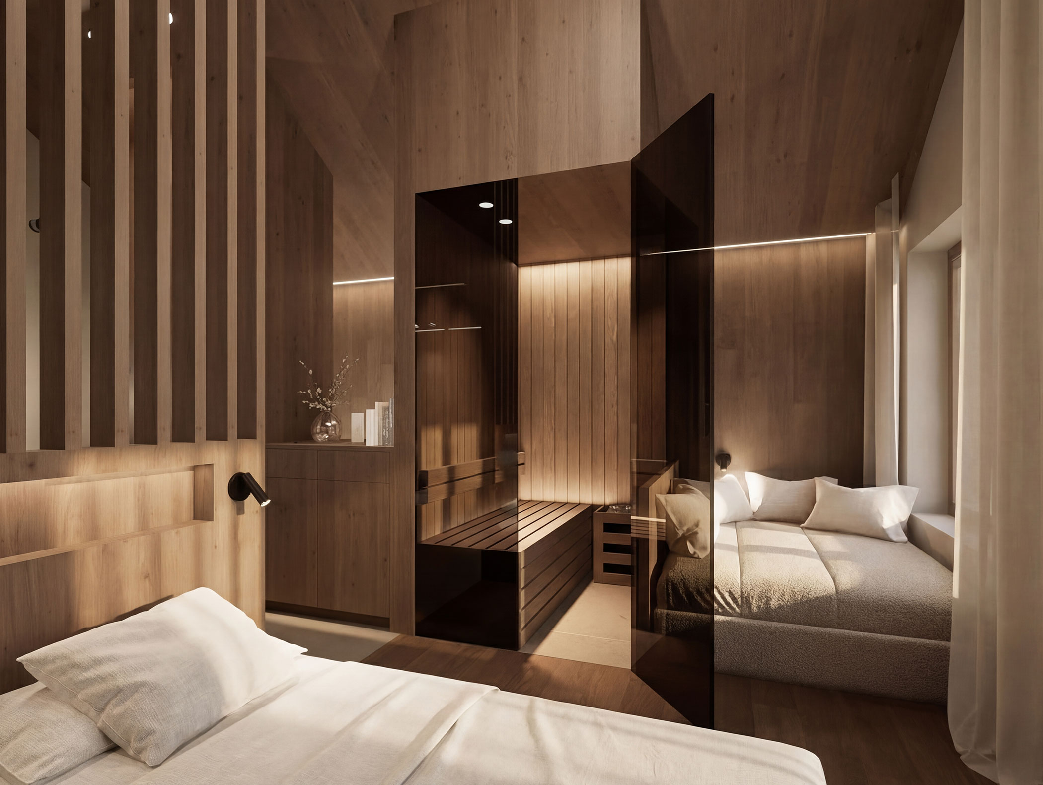 Camera da letto moderna con pareti in legno, due letti e una sauna a vetri al centro della stanza. - AMIL chalets dolomites