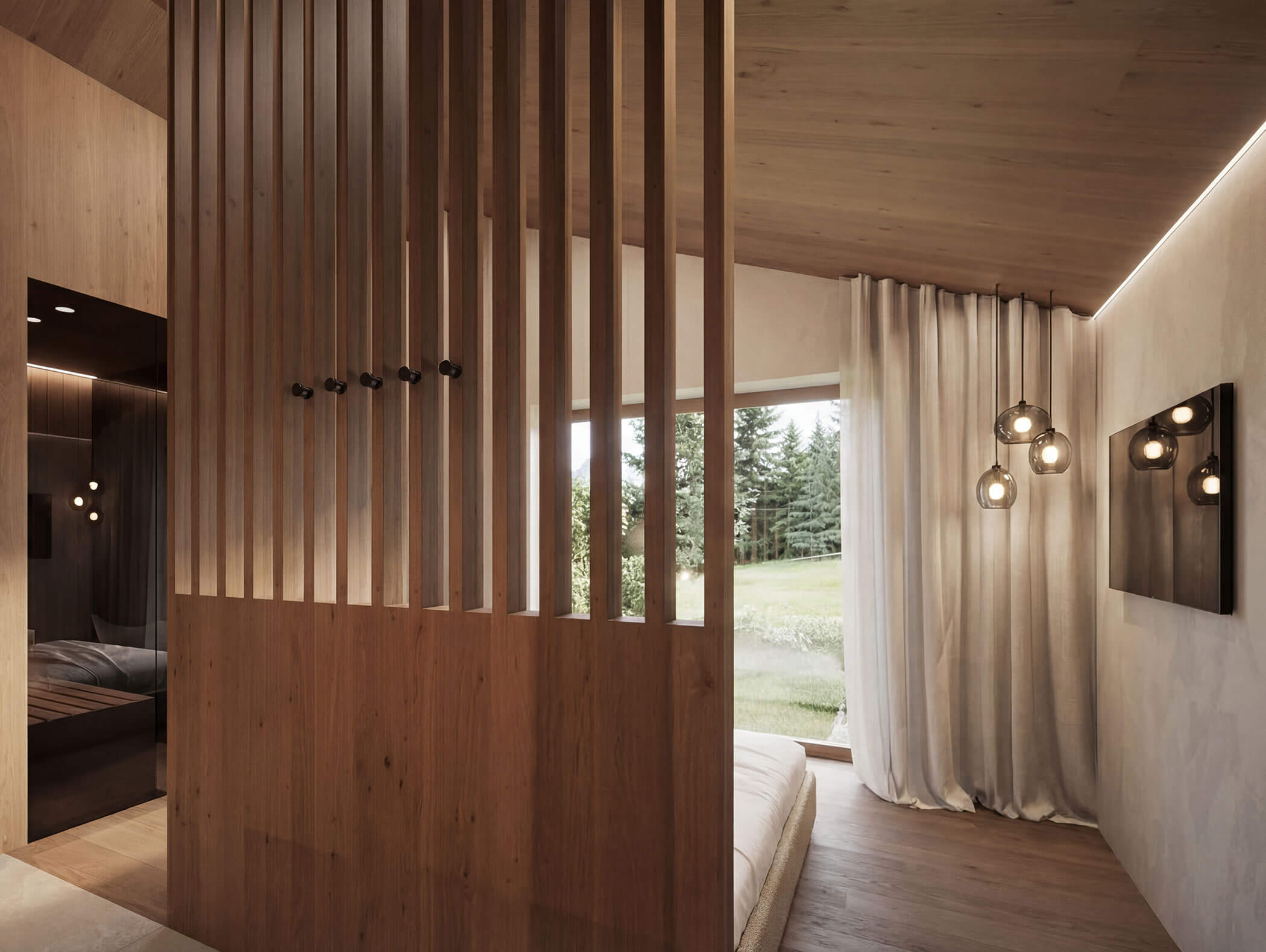 Modernes Schlafzimmer mit Holztrennwand, großem Fenster, weißen Vorhängen und Hängelampen. - AMIL chalets dolomites