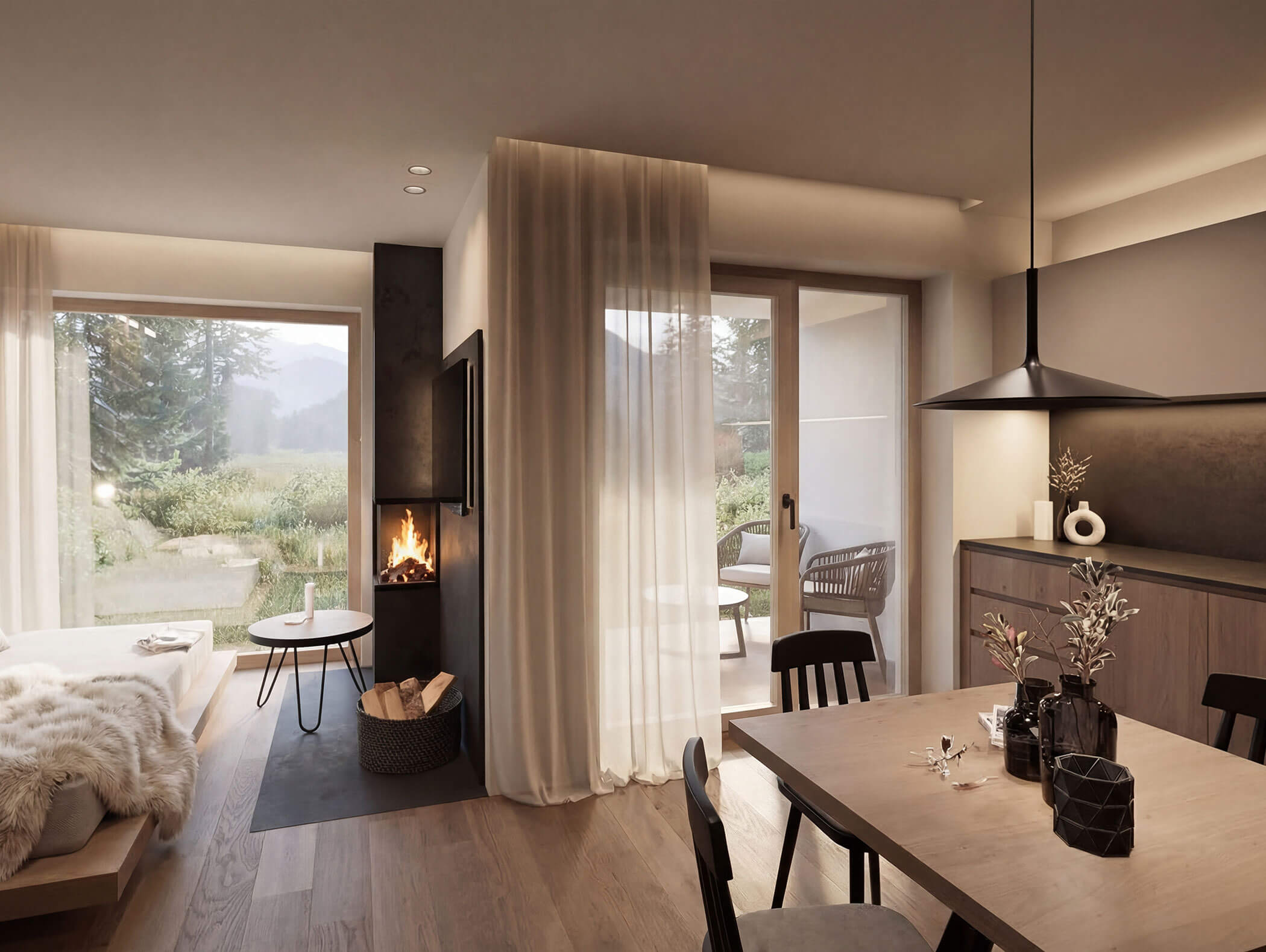 Zona soggiorno-pranzo moderna e accogliente con camino, grandi finestre, tende velate e vista sul patio esterno. - AMIL chalets dolomites