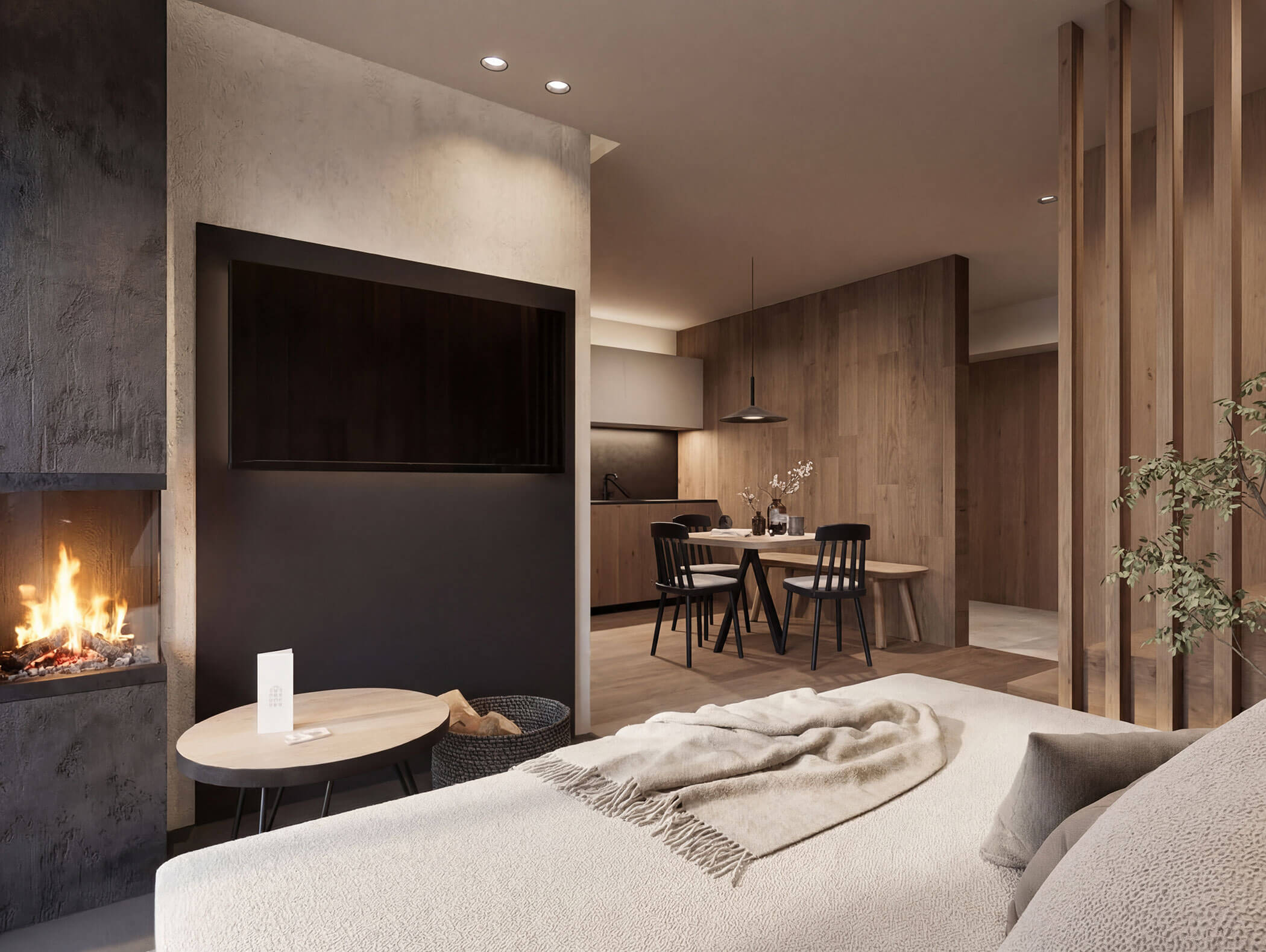 Modernes, gemütliches Studio mit Kamin, Bett, Essbereich und Holzakzenten in einer neutralen Farbpalette. - AMIL chalets dolomites
