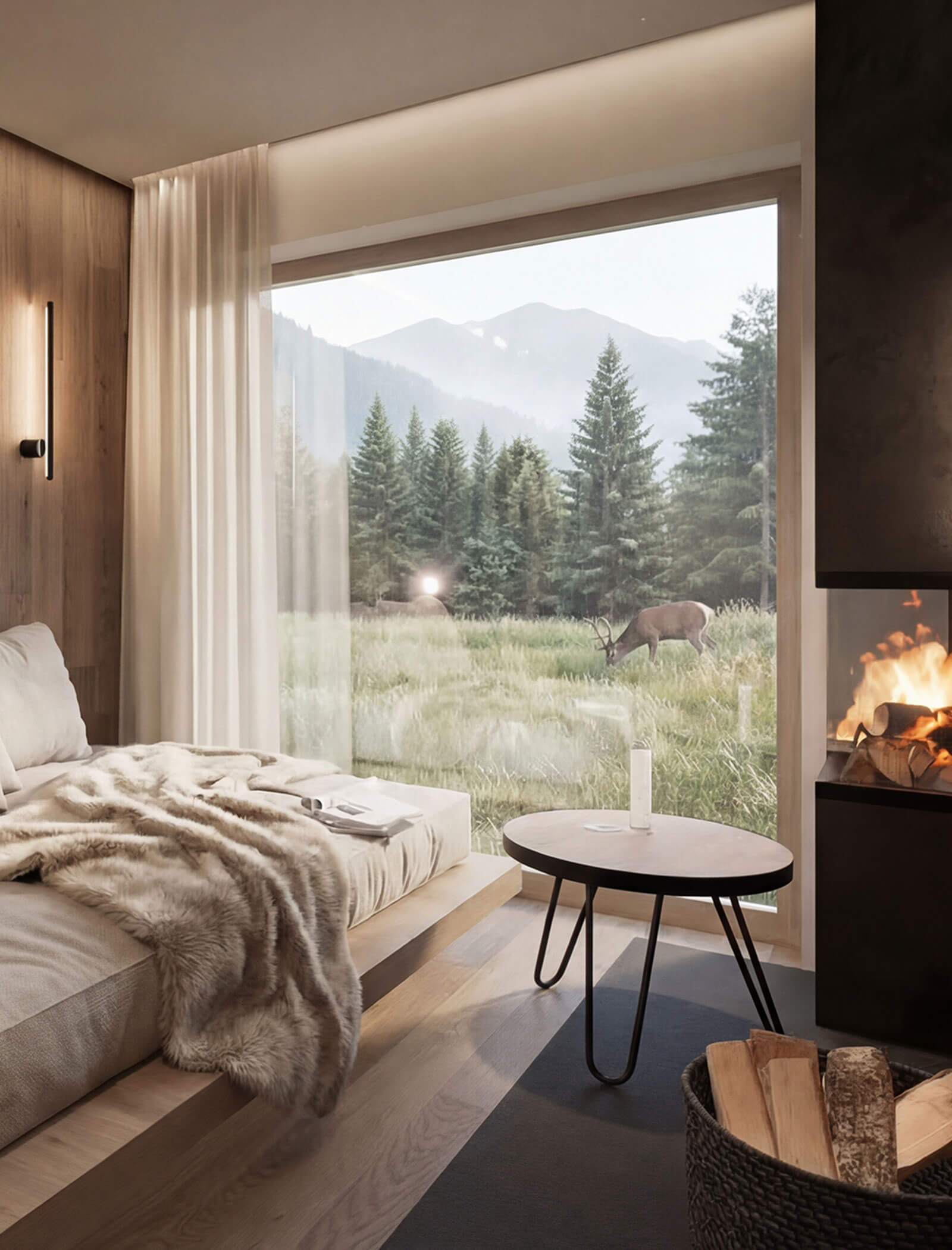 Camera da letto moderna e accogliente con una grande finestra, vista sulle montagne, cervi all'esterno e un camino acceso all'interno. - AMIL chalets dolomites