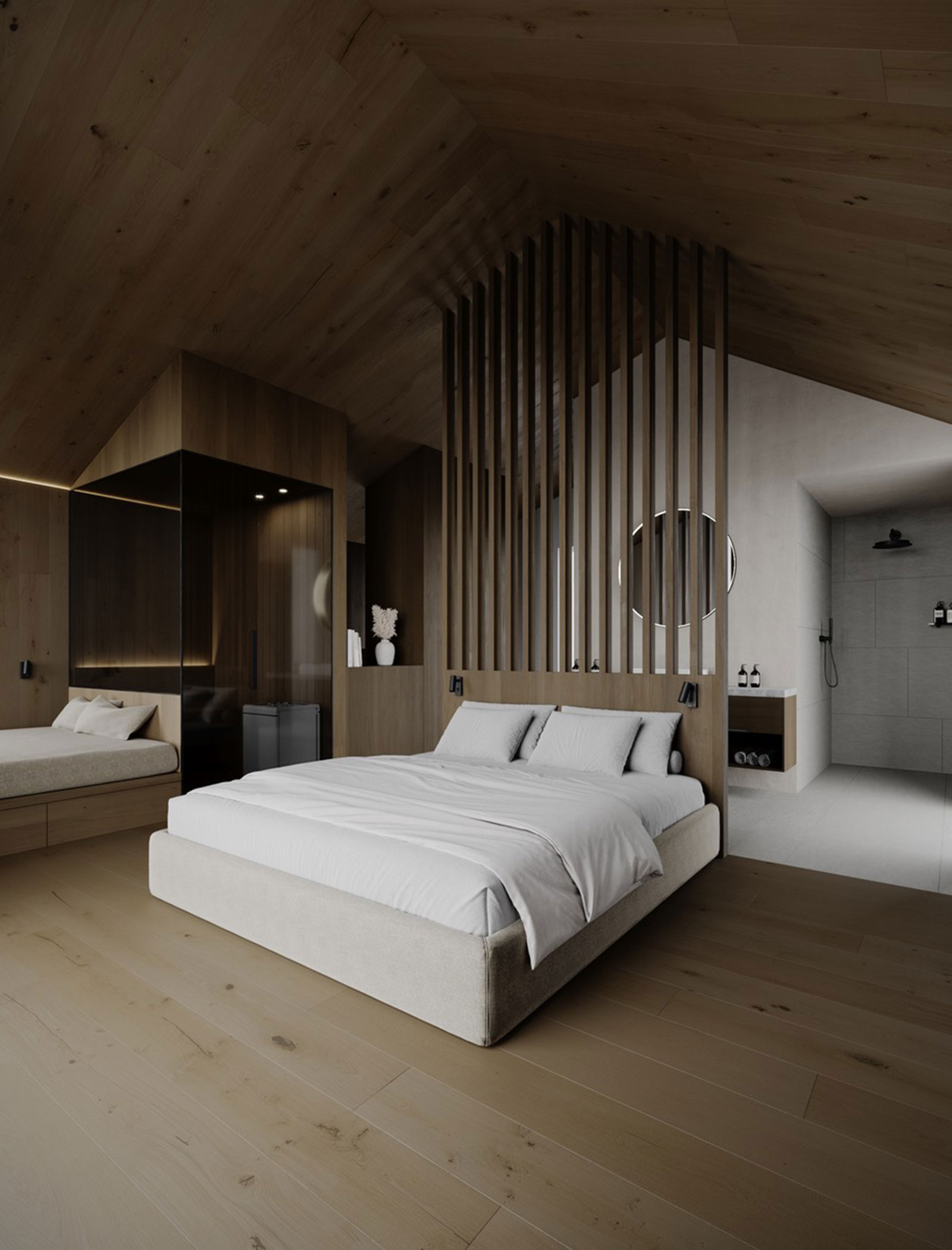 Camera minimalista con pareti in legno, divisorio a doghe, letto moderno e bagno privato aperto con doccia. - AMIL chalets dolomites