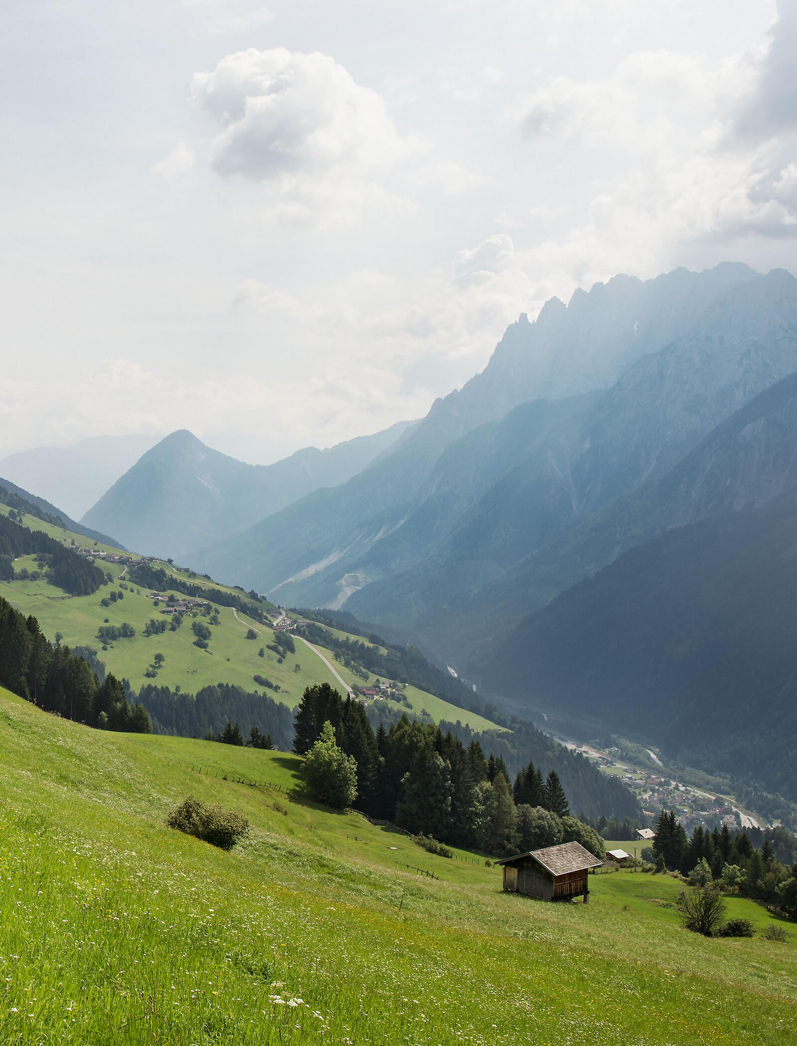 Una collina verde con una piccola capanna di legno, alberi e montagne sullo sfondo sotto un cielo nuvoloso. - AMIL chalets dolomites